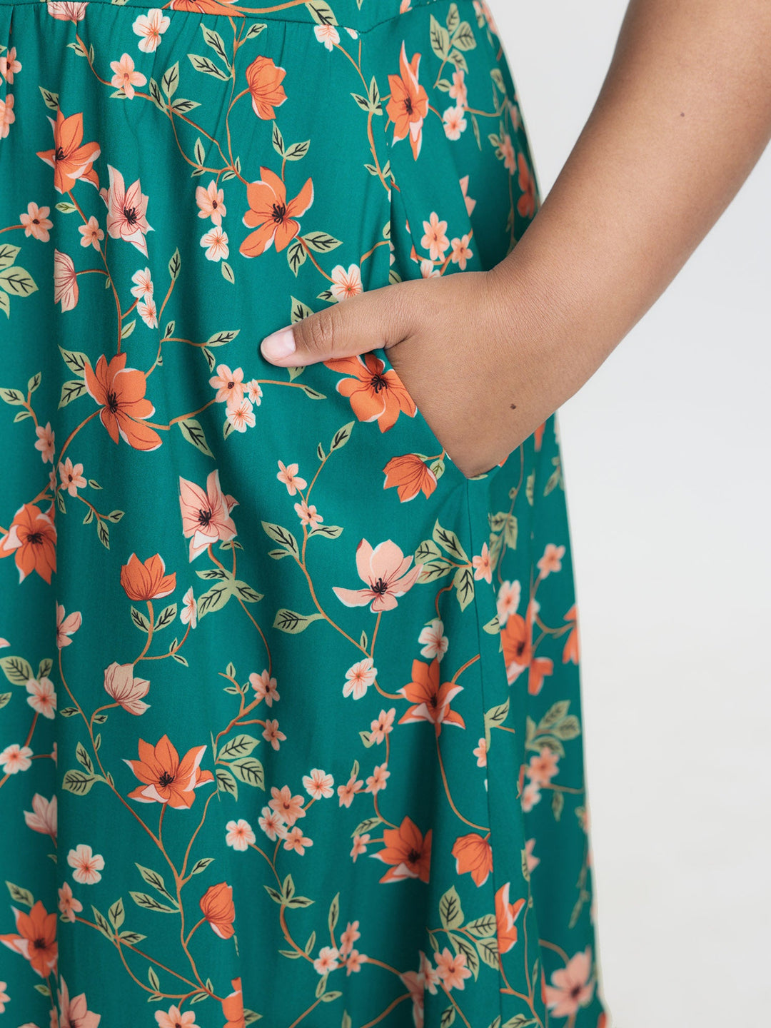 Floral Fun Lace Trim Shirred Midi Dress