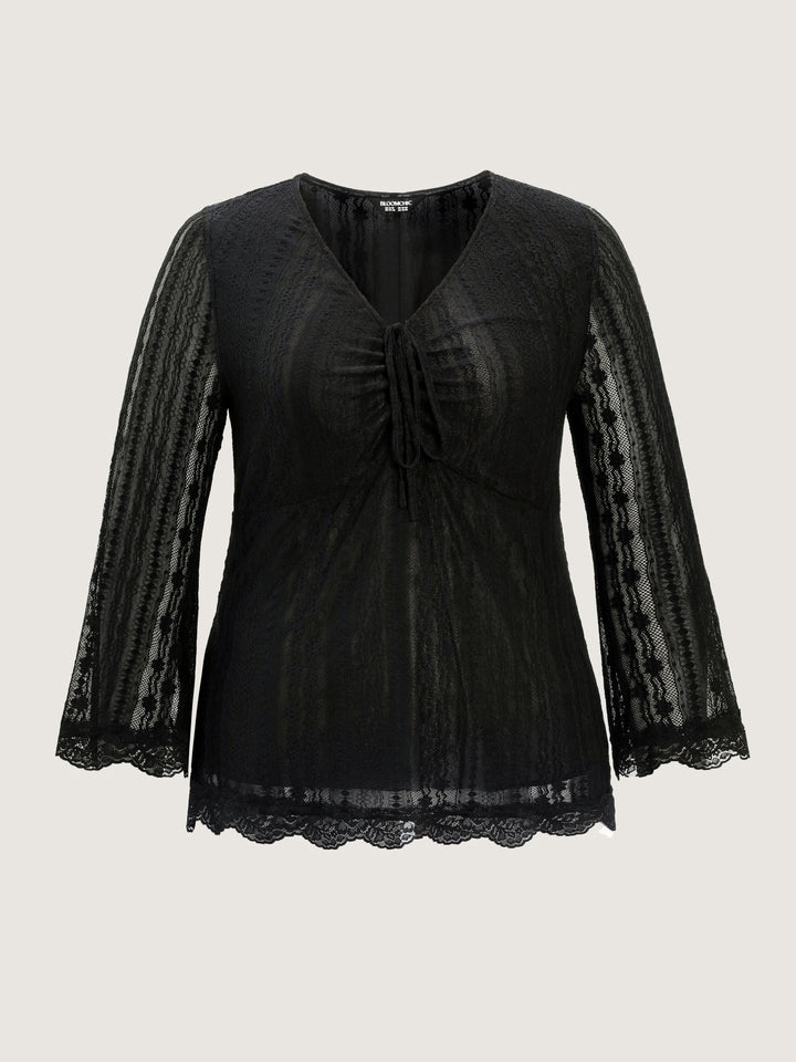 Lace Ruched Drawstring Neckline Knit Top