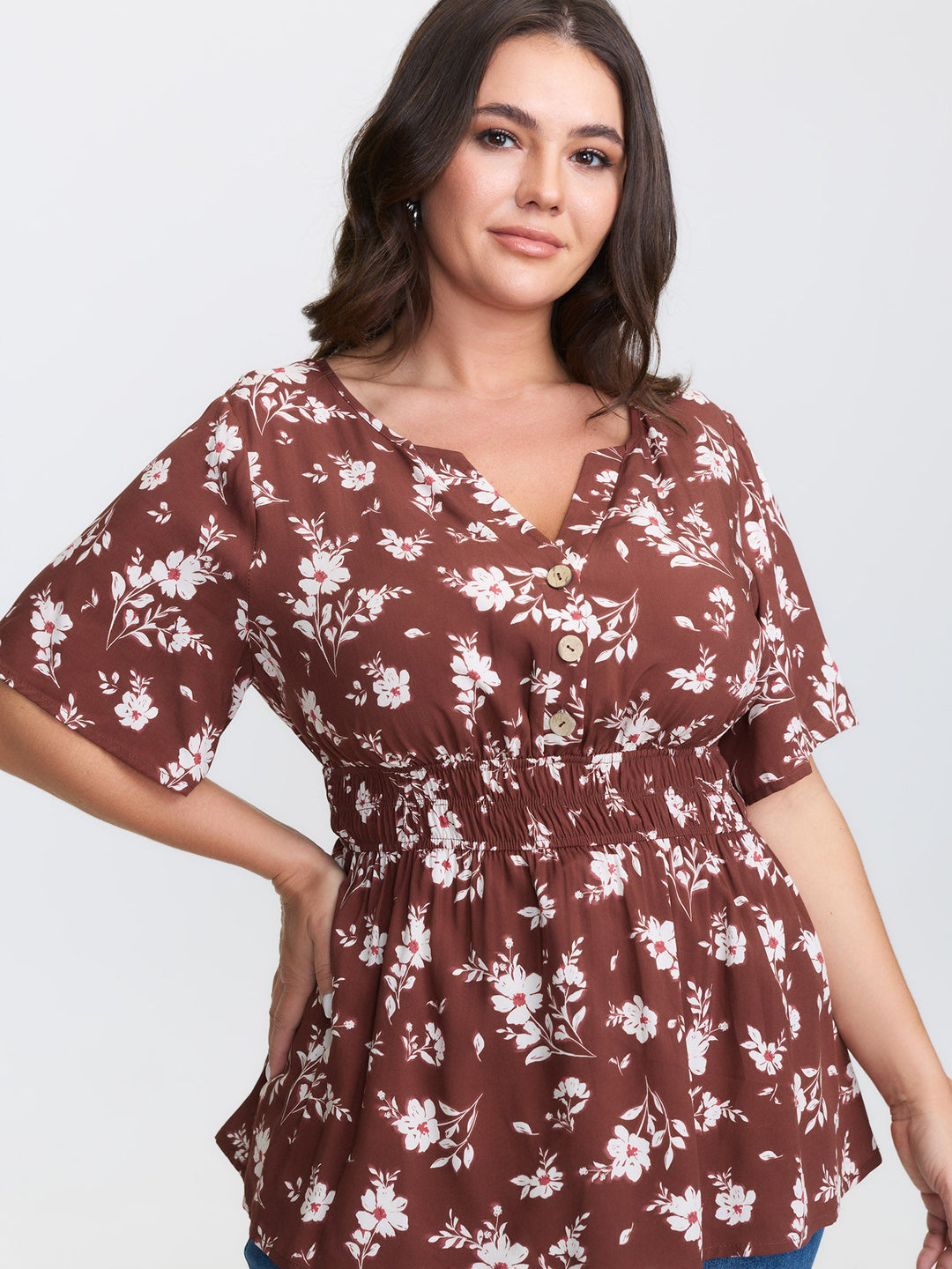 Floral Print Cinched Flared Blouse