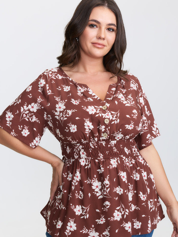 Floral Print Cinched Flared Blouse